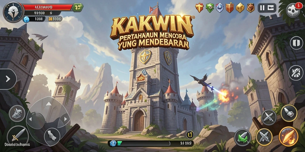 Screenshot utama KAKWIN menampilkan pertempuran menara yang intens dan penuh strategi.